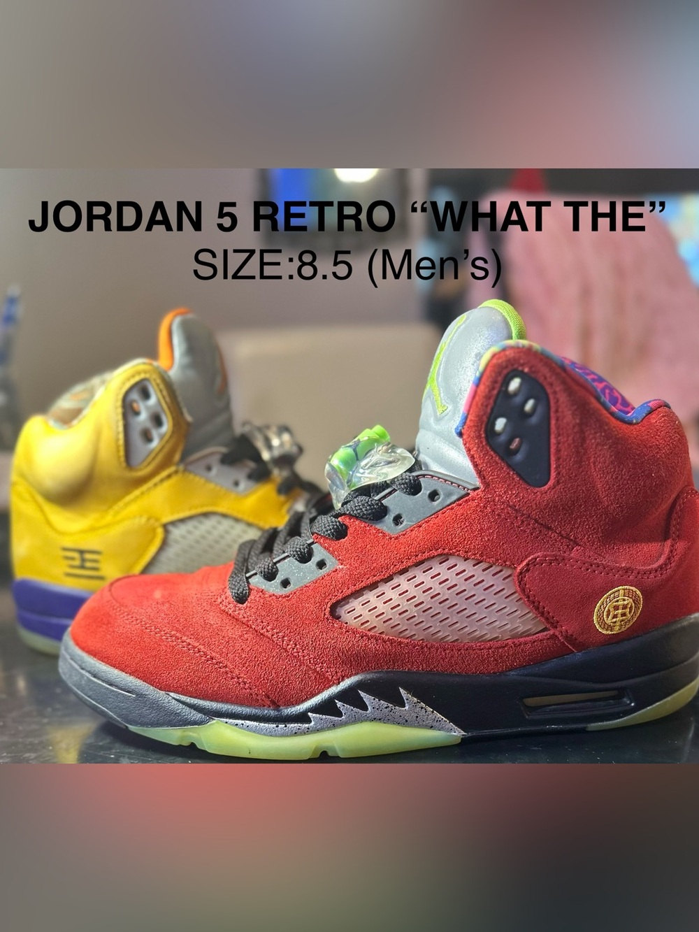Jordan Retro 5 “WHAT THE” RED & YELLOW SUEDE ICONIC SNEAKERS | SIZE: 8.5